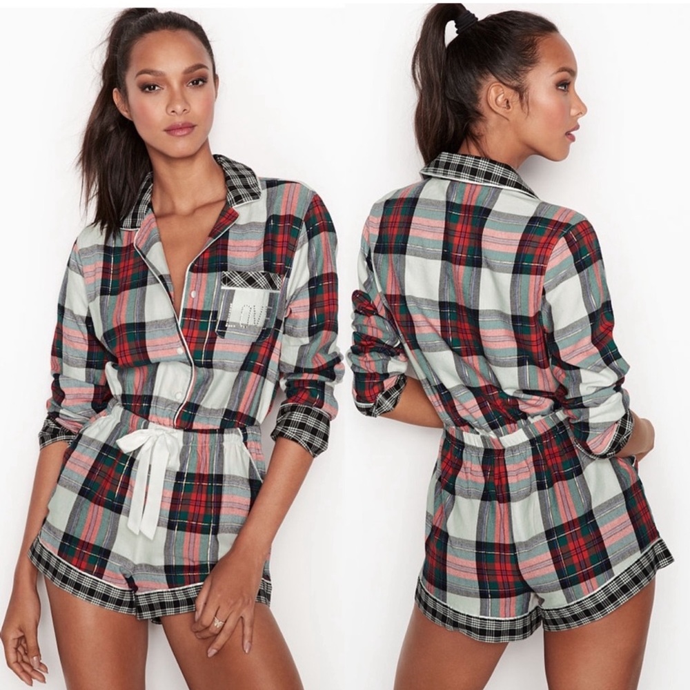 Victoria’s Secret pajamas small connected top and bottom plaid, Christmas colors